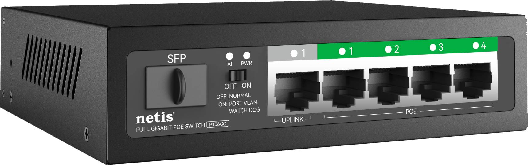 Netis Switch POE P106GC - 4 Puertos POE, 1 Puerto Uplink, 1 Puerto SFP, 60W, 1000 Mbps, WatchDog, Plug Play, 250Mts de alcance, No Administrable Netis Switch POE P106GC - 4 Puertos POE, 1 Puerto Uplink, 1 Puerto SFP, 60W, 1000 Mbps, WatchDog, Plug Play, 250Mts de alcance, No Administrable